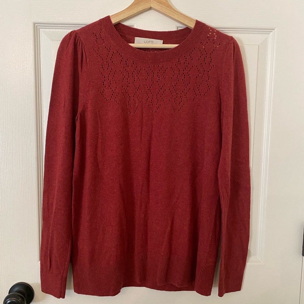 LOFT KNIT SWEATER WITH PUNCH OUT DETAILING IN BERRY RED - Size M